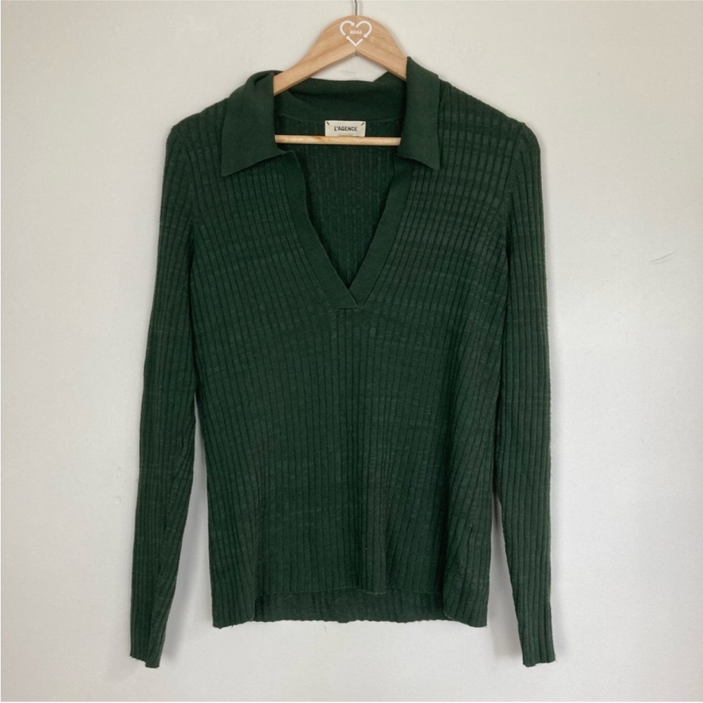 L’AGENCE V-Neck Ribbed Sweater in Forest Green/Deep Moss Green - Size LARGE
